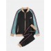 Mens Vintage Contrast Color Zipper Jacket Jogging Pants Two  Piece Sports Sets
