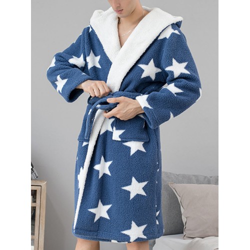 Mens Thick Star Print Home Sashes Plush Warm Hooded Sleepwear Robes With Pocket