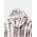 Men Striped Half Buttons Hooded Casual Calf Length Loose Night Robe